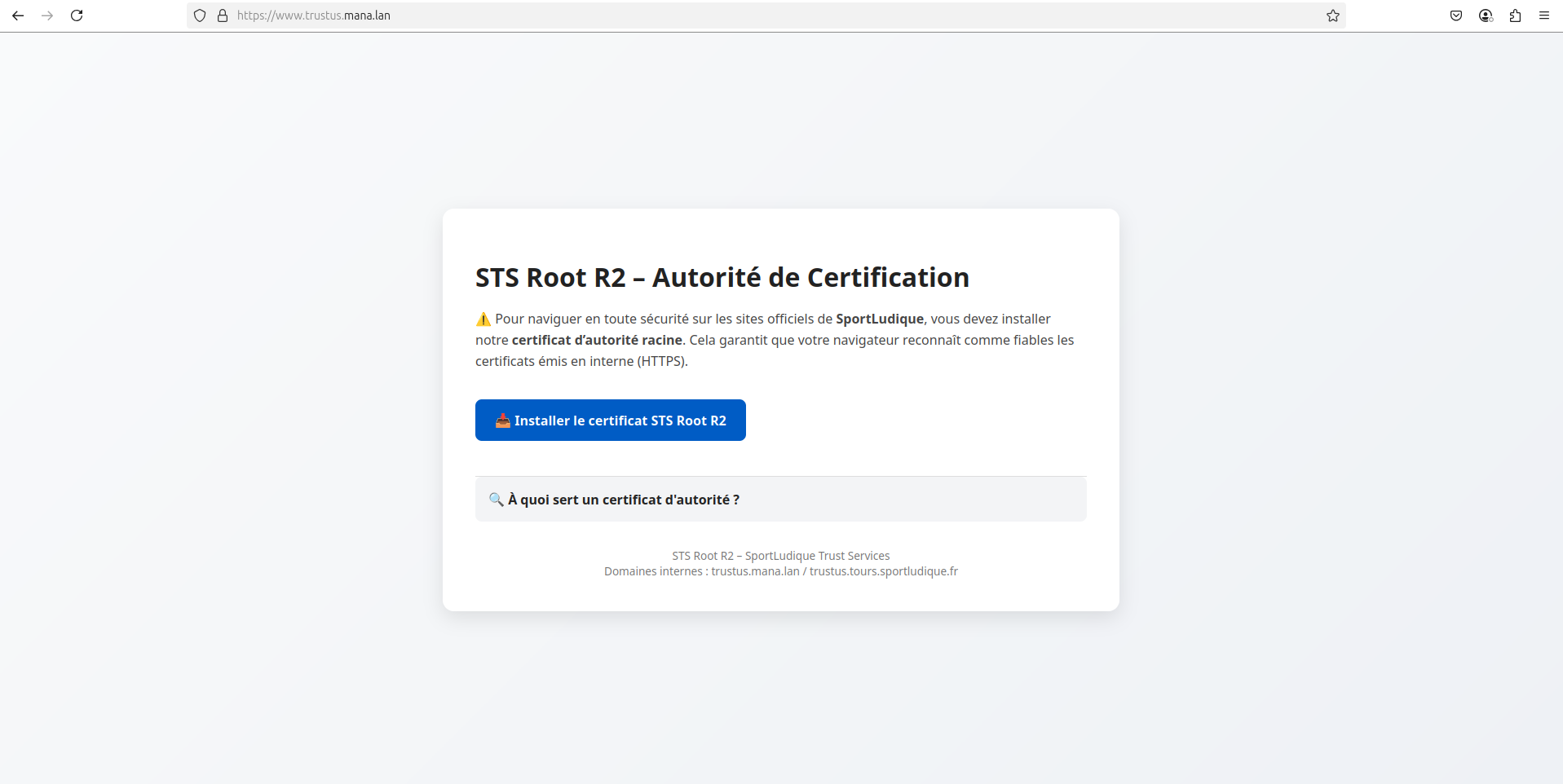 Page d'installation du certificat